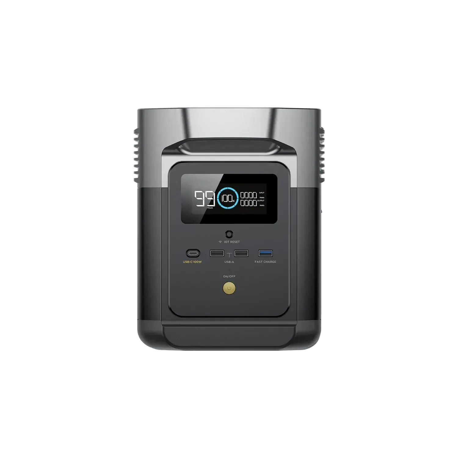 A black and gray portable power station with an LCD screen displaying 99%.