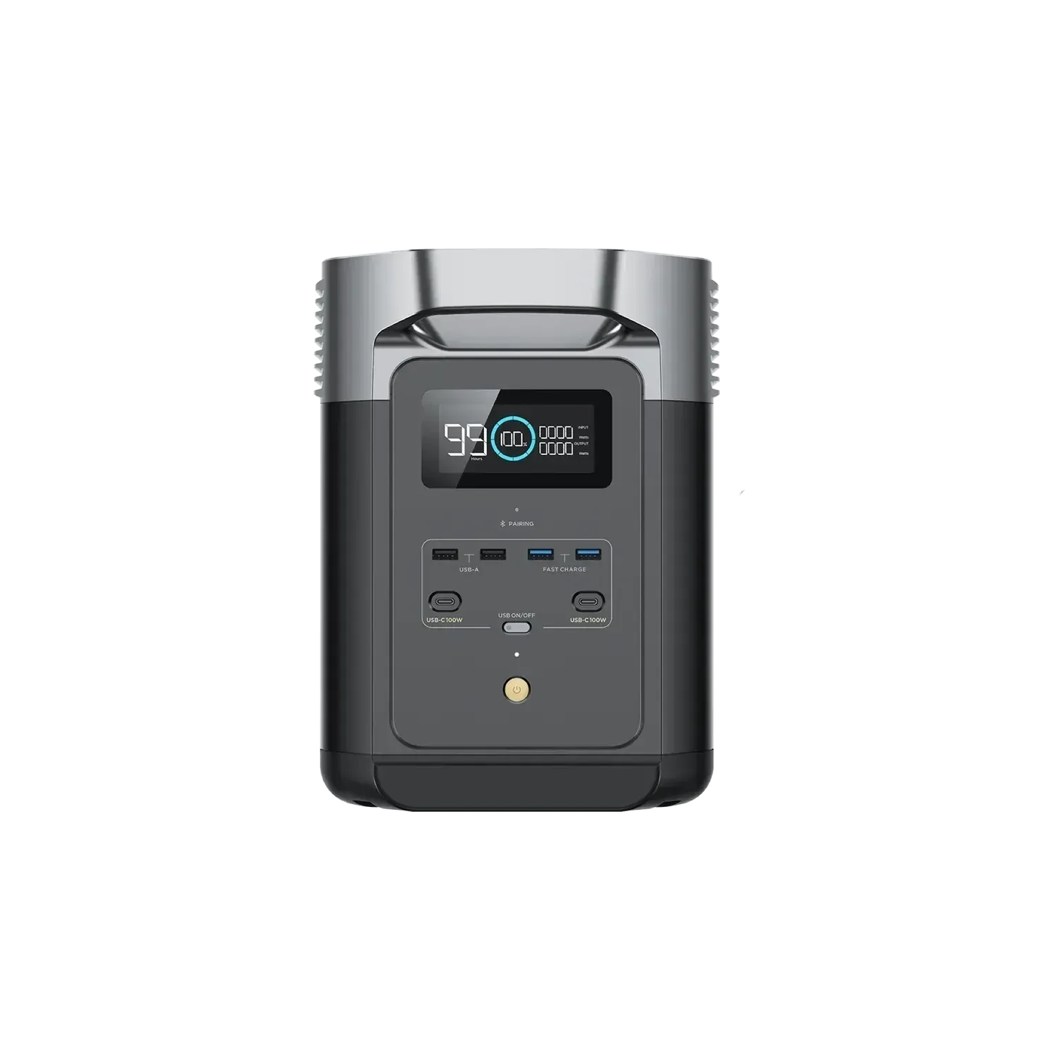 Portable power station with digital display and multiple ports, in black and gray.