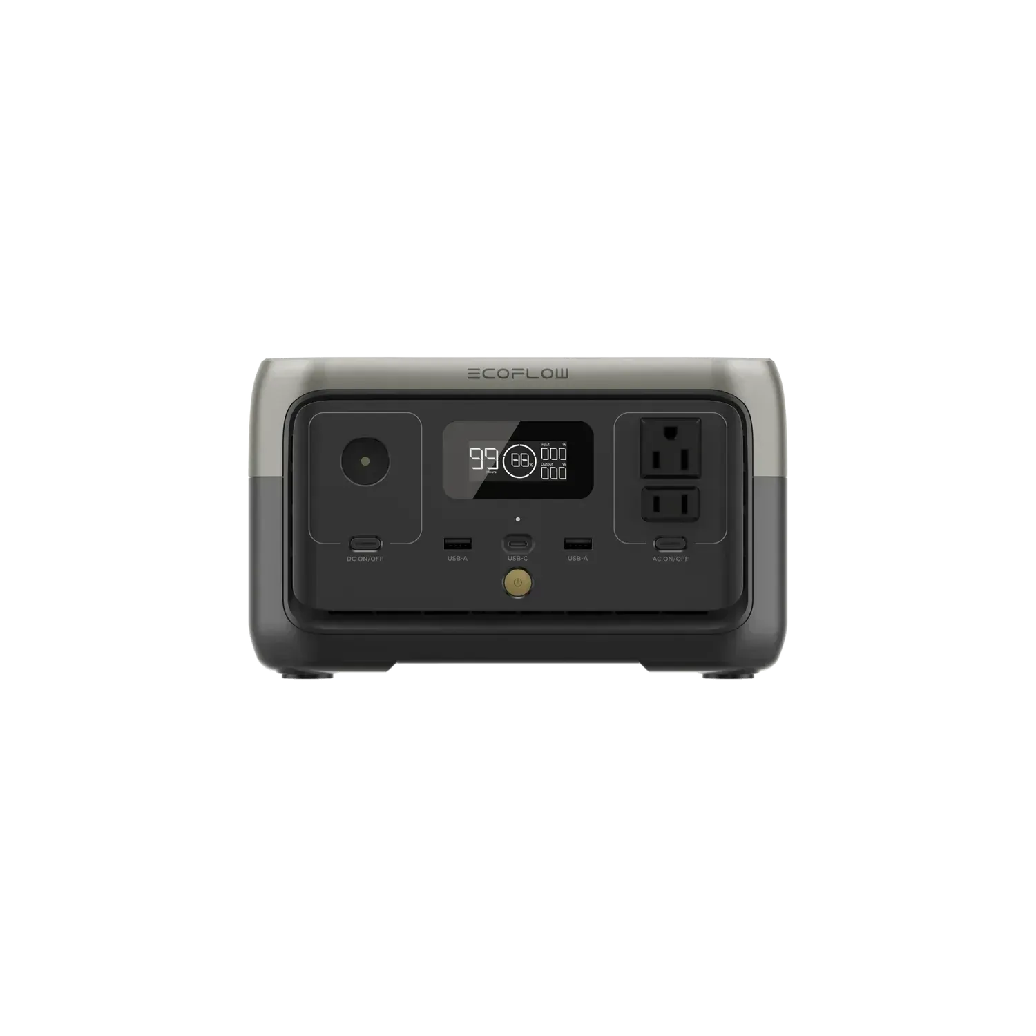Portable power station, gray and black, with display and outlets.