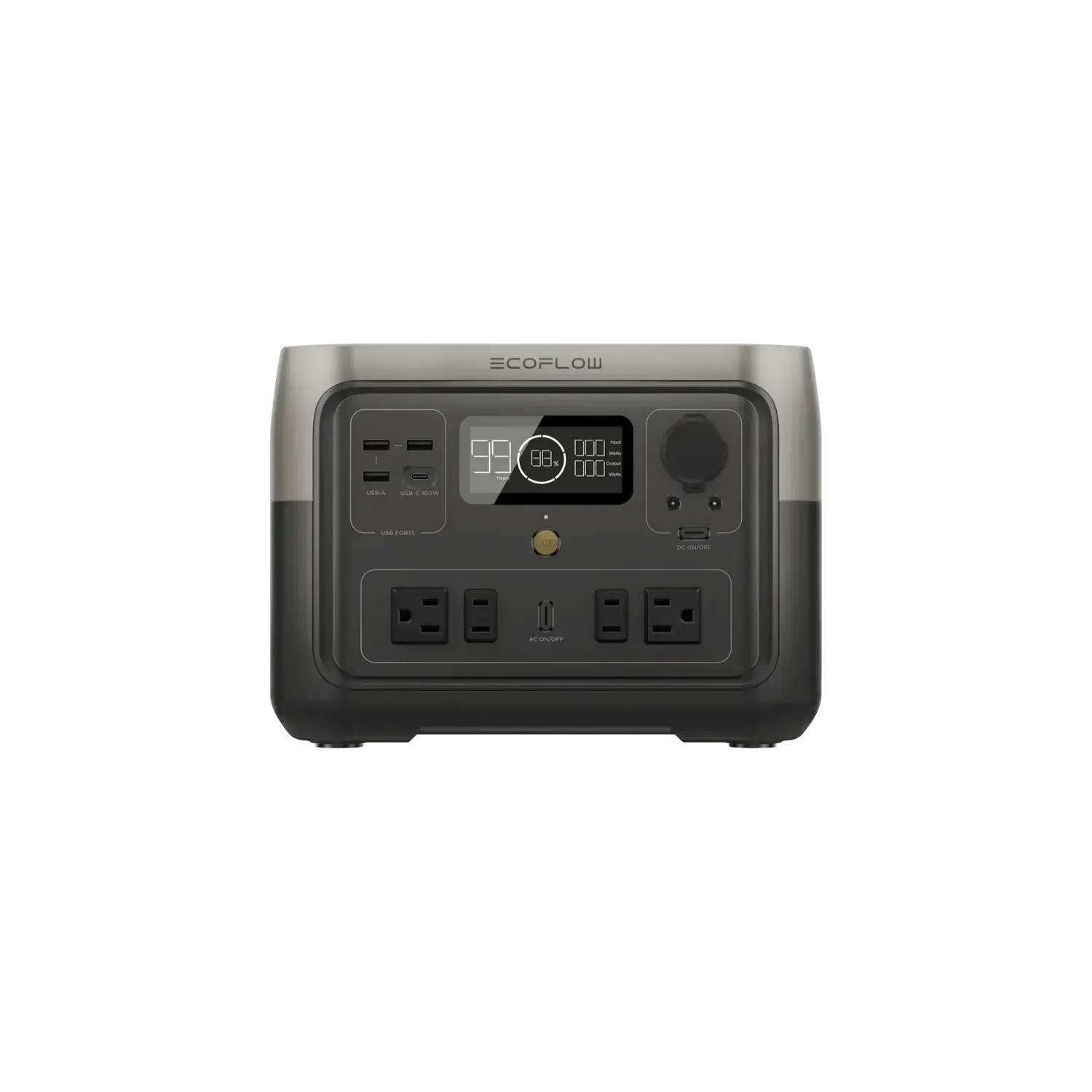 Dark gray EcoFlow portable power station with control panel and outlets.