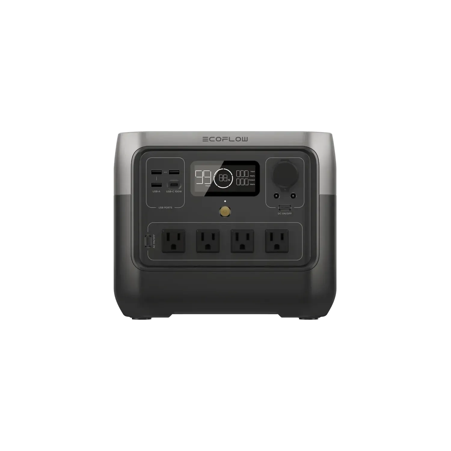 Portable power station with a dark gray and black color scheme, digital display, and multiple outlets.