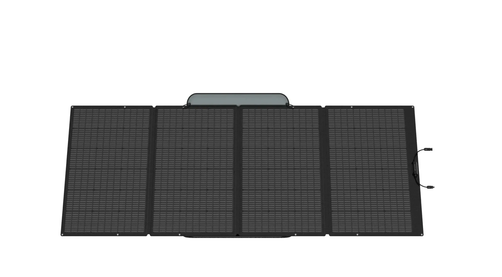 Overhead view of a large solar panel array with a gray structure on top, against a white background.