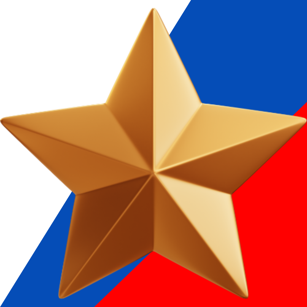 Golden star emblem over a background of white, blue, and red stripes.