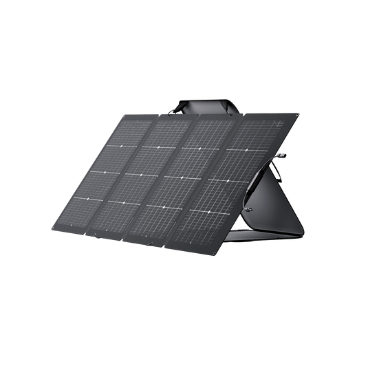 Portable power station with a digital display and multiple outlets, black and silver.