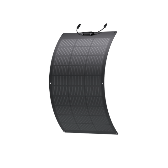 Flexible black solar panel with curved shape and connected wires.
