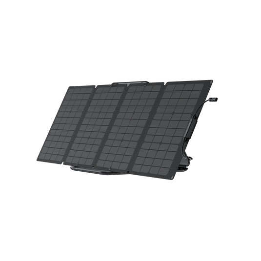 Foldable solar panel, black, angled on a white background.