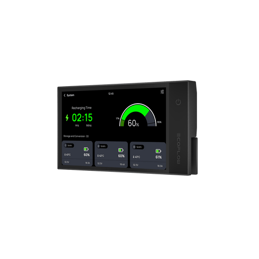 Black digital screen displaying battery info: charging time, battery level, and stats.