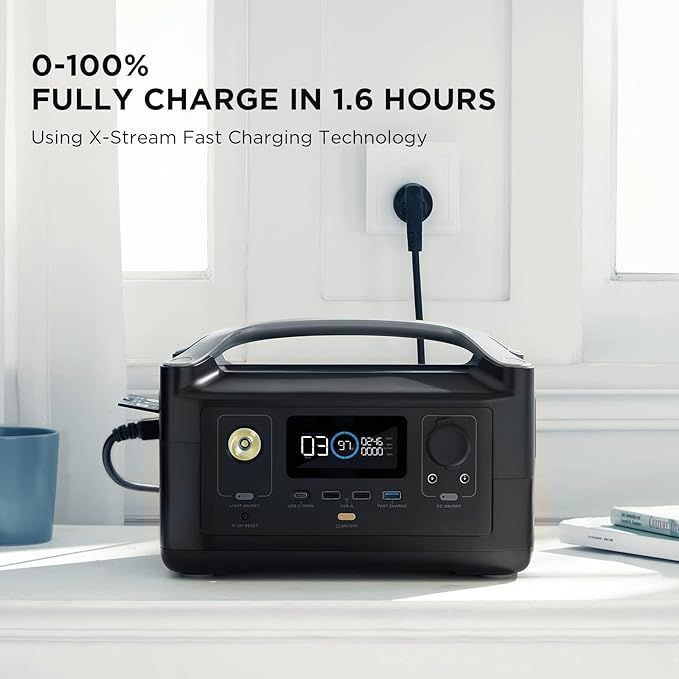 Black EcoFlow River portable power station with display and ports.
