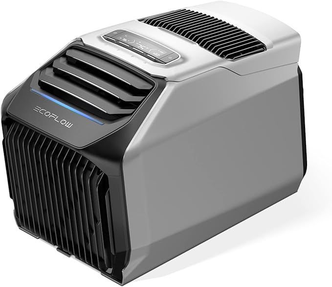 Portable air conditioner, silver and black, with vents and control panel.