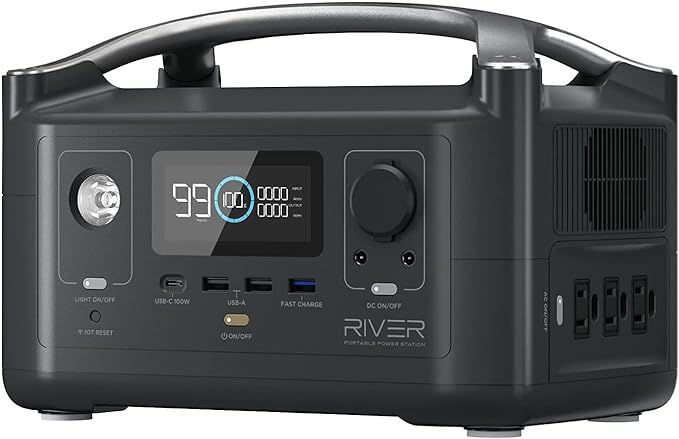 Black EcoFlow River portable power station with display and ports.