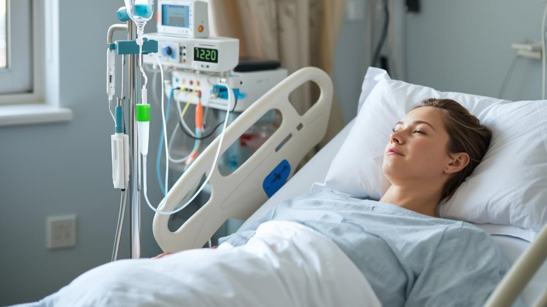 Woman resting in hospital bed, IV drip, monitor, in a room with a window.