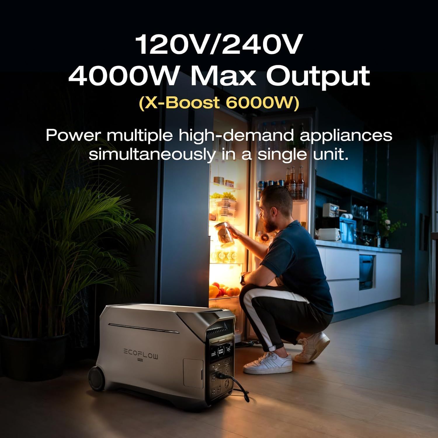 Gray and black EcoFlow power station with a display and outlets, sitting on a surface.