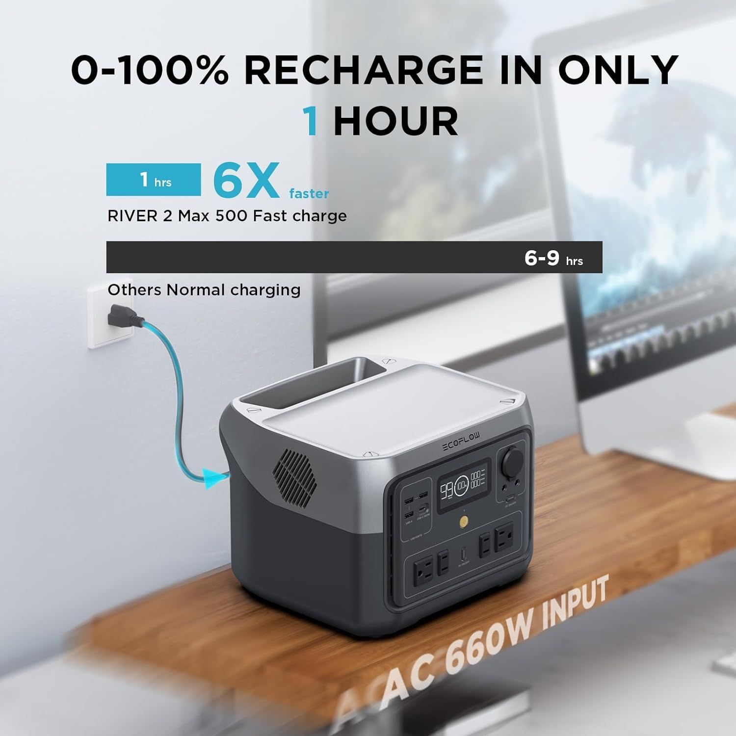 Dark gray EcoFlow portable power station with control panel and outlets.