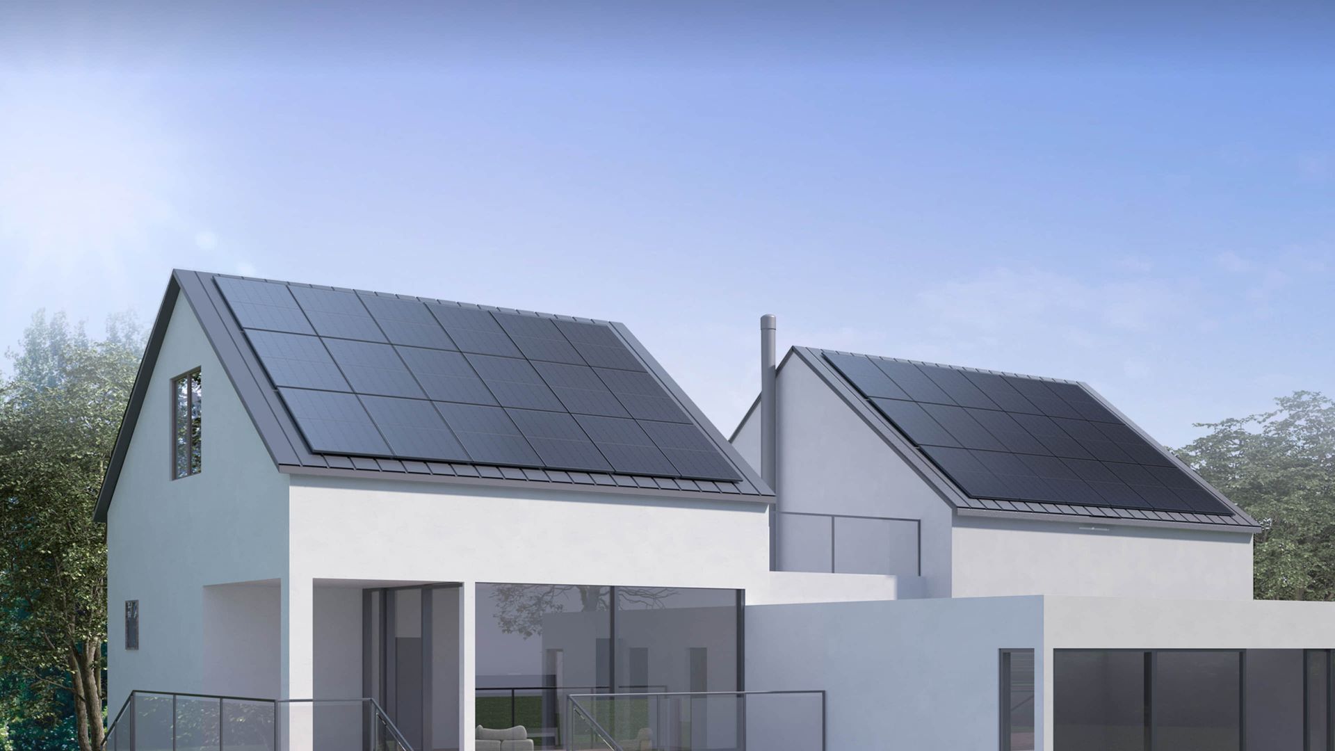 Two dark, rectangular solar panels, one angled and one straight, against a white background.