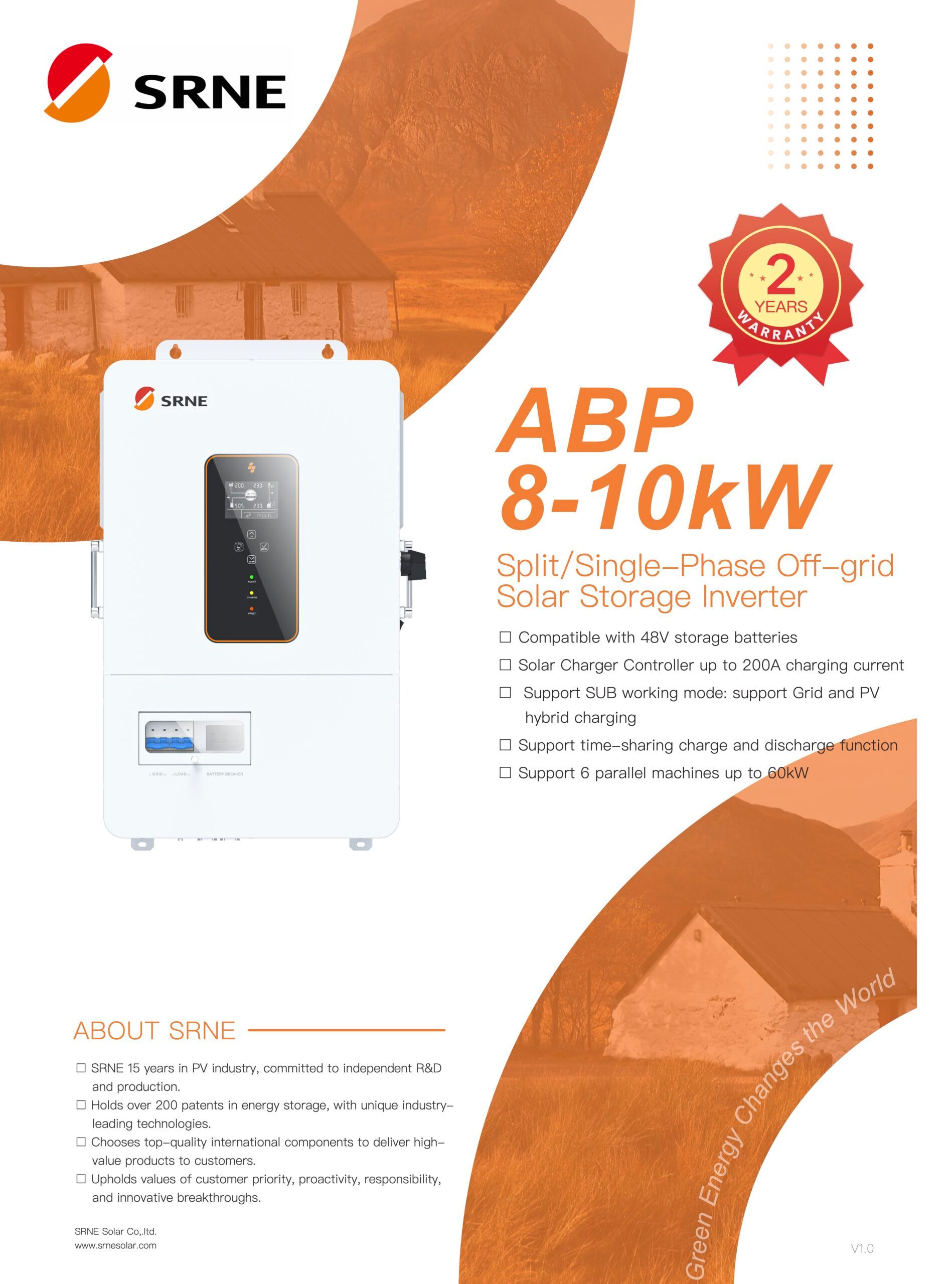 White SRNE ABP 8-10kW solar inverter brochure. Orange and white design with a photo of the inverter and product details.