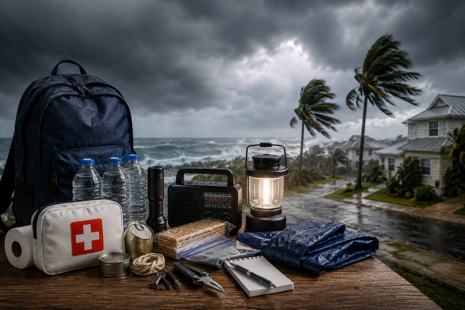Hurricane emergency kit on table with backpack, first aid kit, flashlight, water, supplies, and stormy scene behind