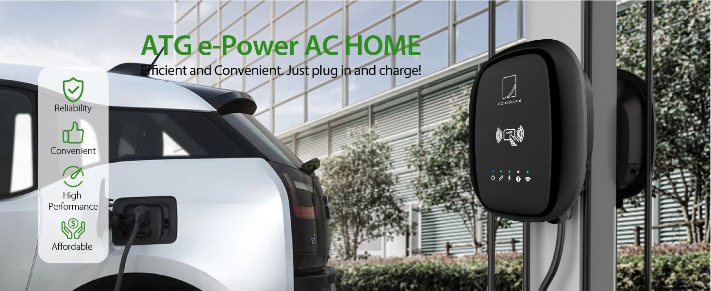 Cargador de vehículos eléctricos junto a un coche, promocionando “ATG e-Power AC HOME” con iconos de beneficios.
