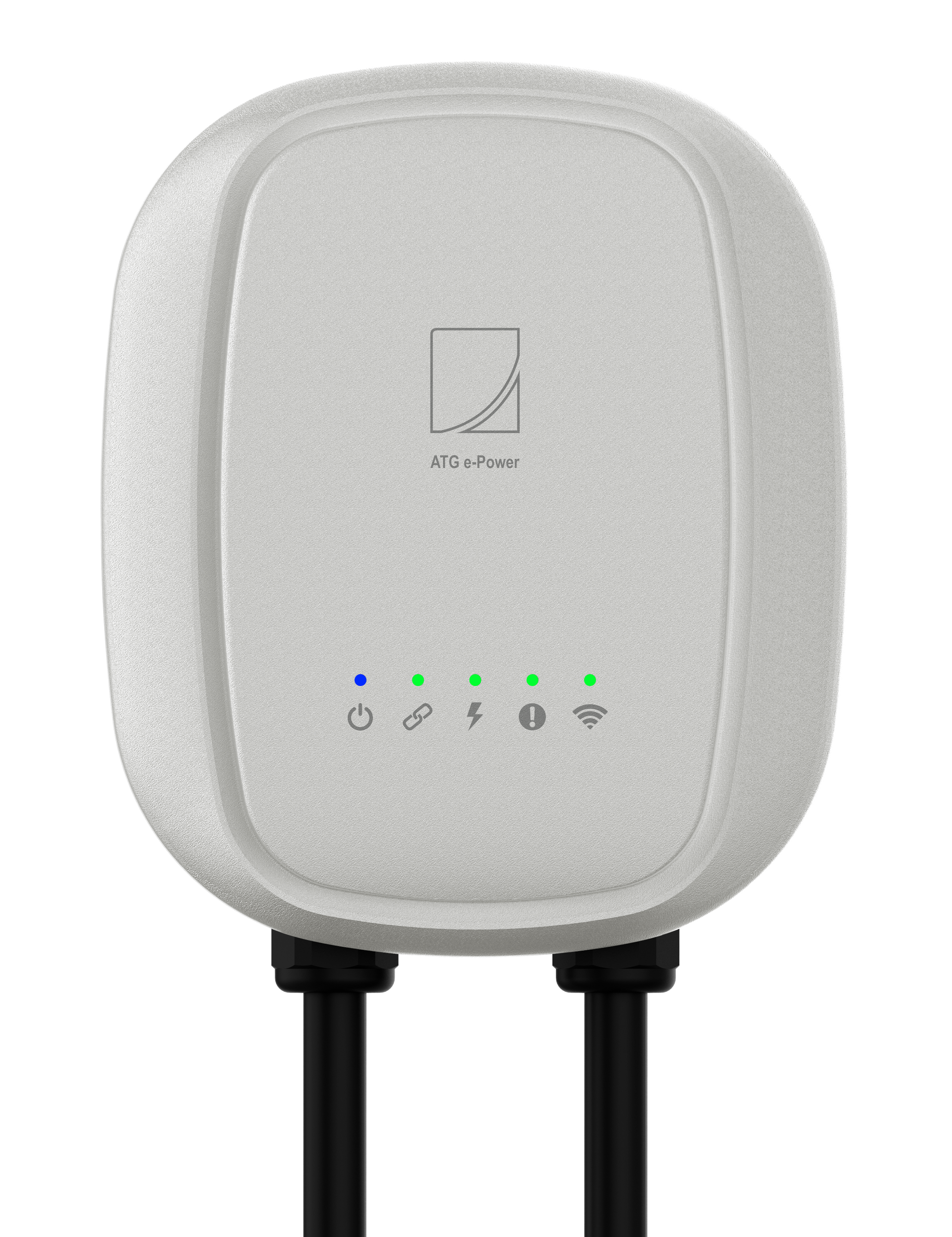 White electric vehicle charger with blue, green indicator lights, and two black cables.