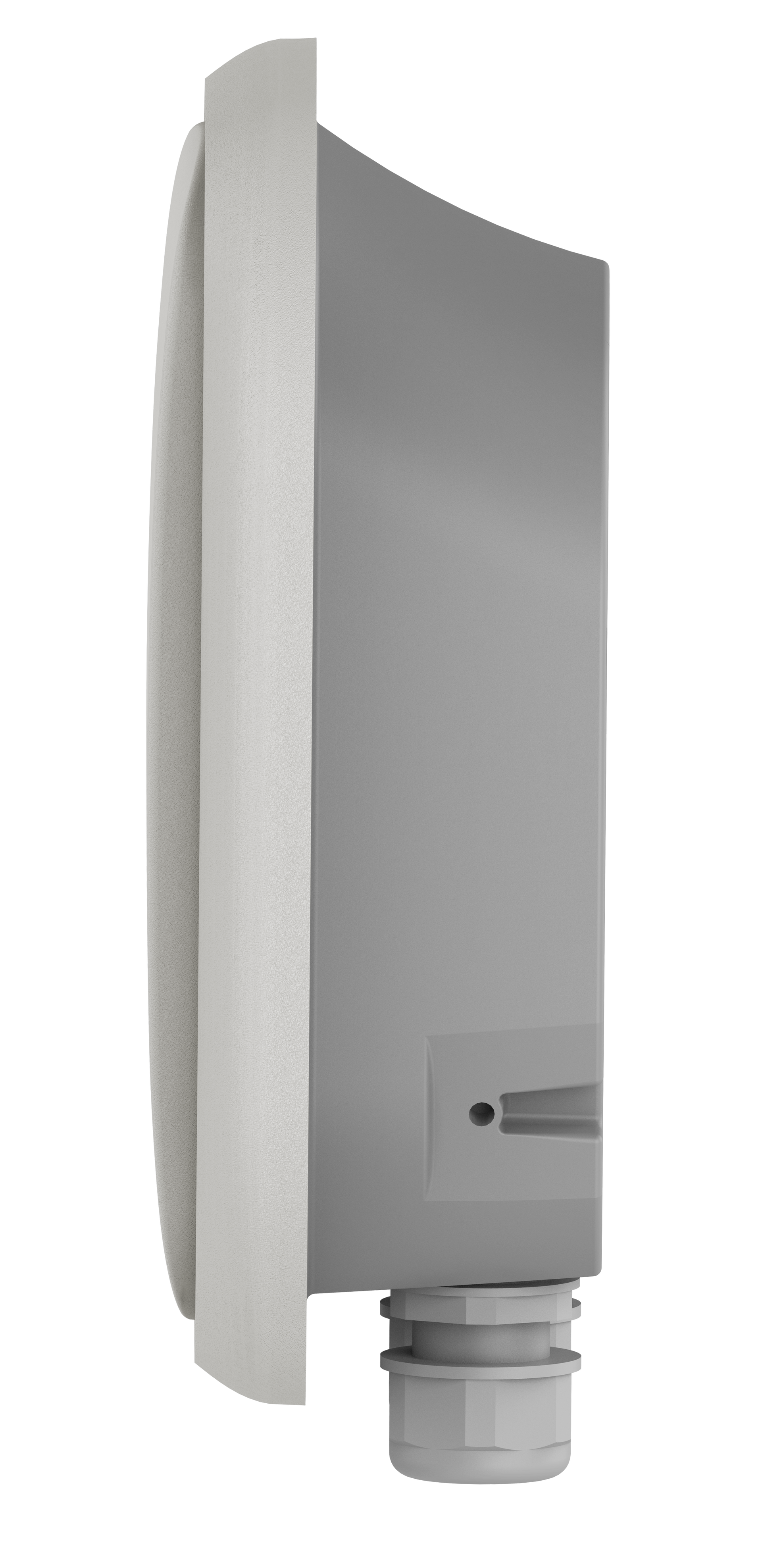 White EV charger with multiple LED lights, mounted on a black pedestal.