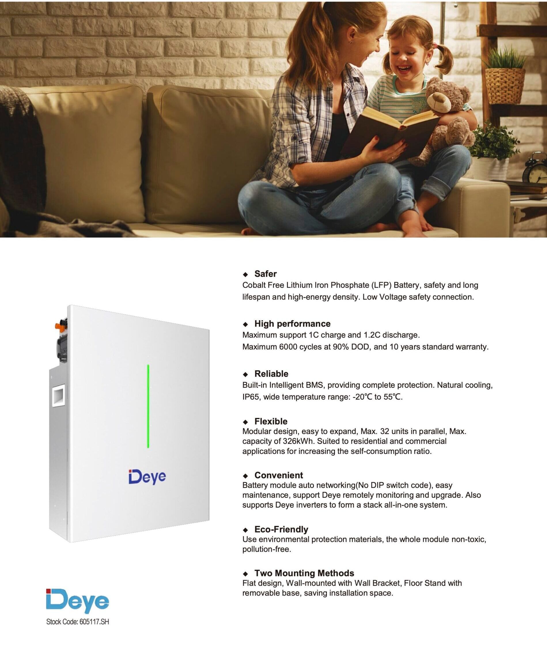 Woman and child reading on a couch, next to a white Doyo energy storage system.