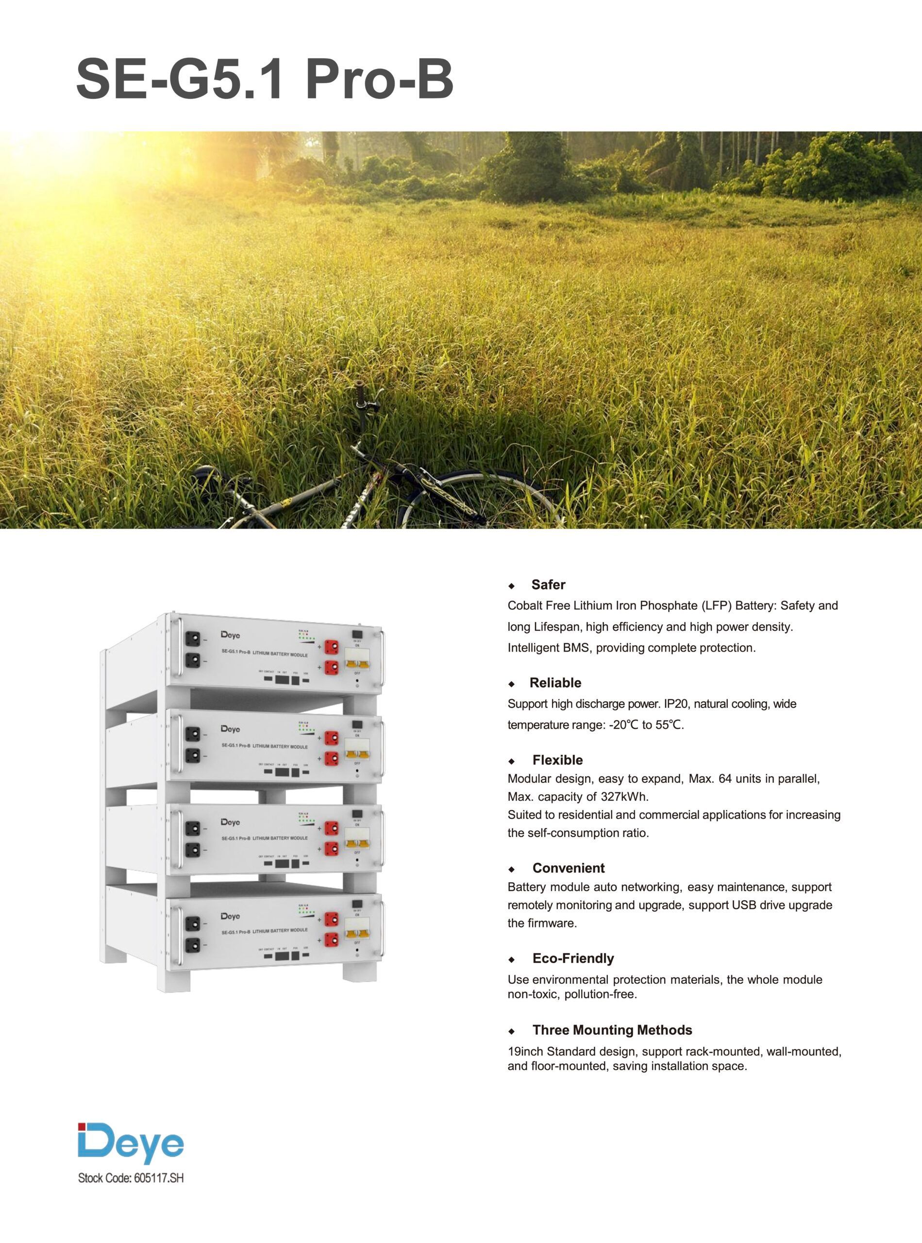 SE-G5.1 Pro-B stacked white units with red and black outputs, meadow background, text labels.