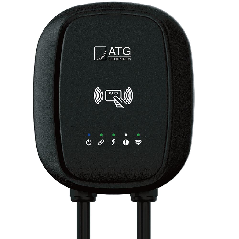 Black electric vehicle charger with ATG logo, status lights, and two charging cables.