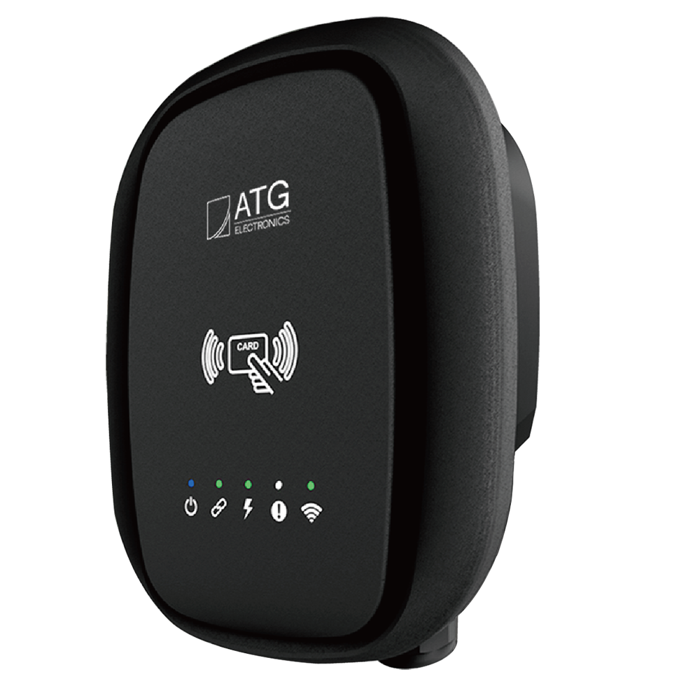 Black electric vehicle charger with ATG logo, status lights, and two charging cables.