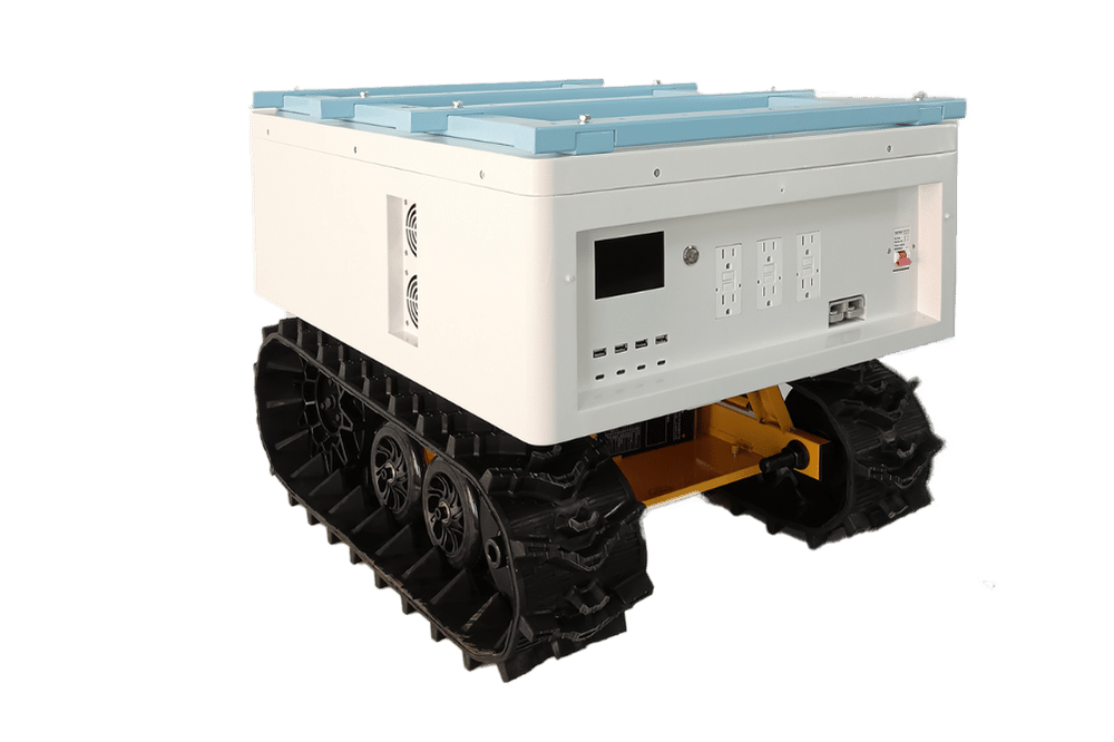 White and blue robot with tank treads, designed for fieldwork or construction, on a white background.