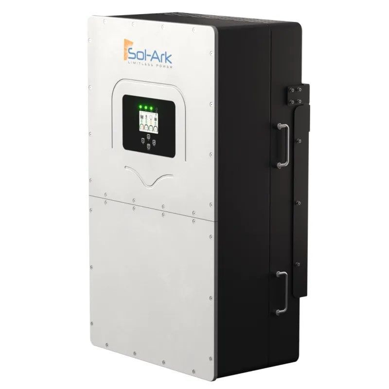 Sol-Ark solar power inverter with a display and black side panels.