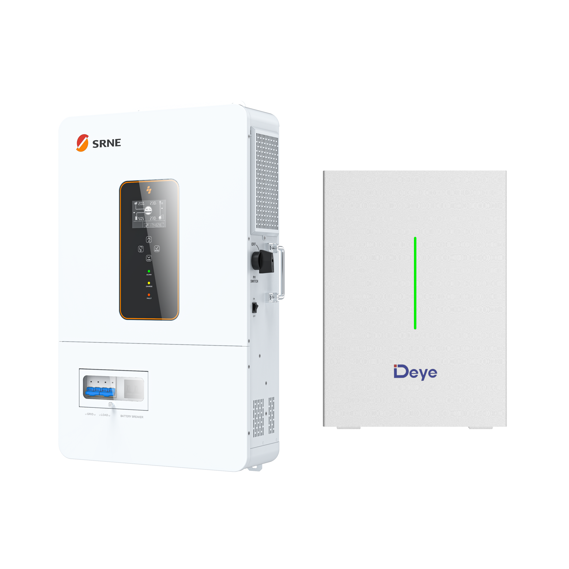 White solar inverter with a display next to a white battery unit with a green light, likely for a home solar power system.