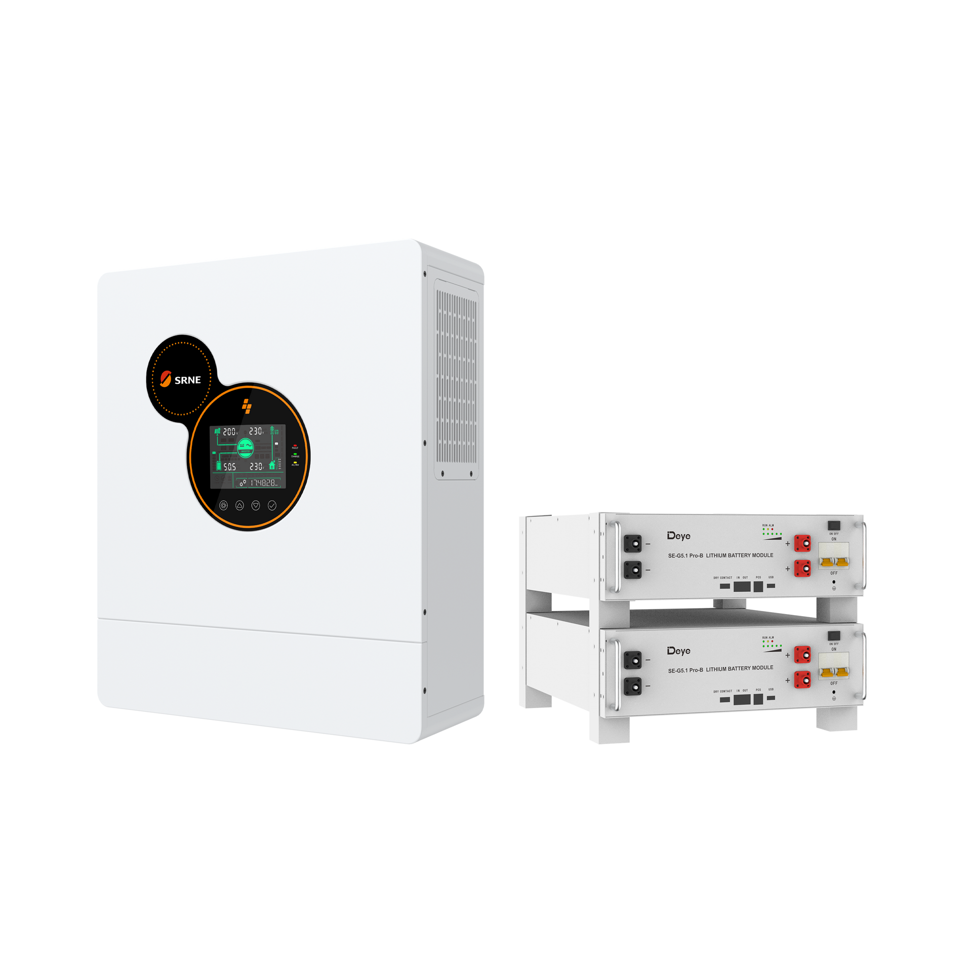 White solar inverter with a screen next to two stacked battery units against a white background.