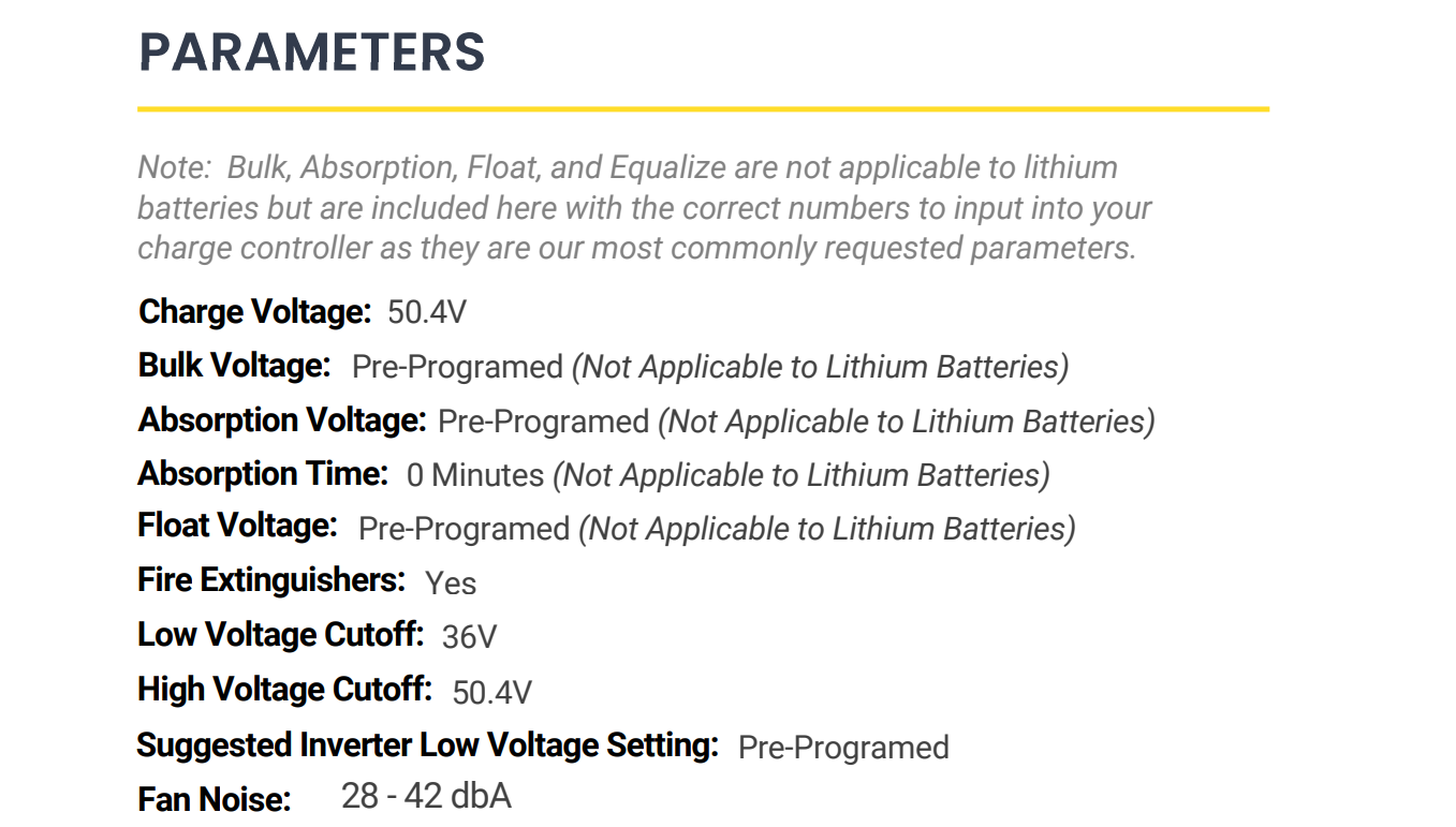 Parameters for a charge controller, including voltages and cutoffs.