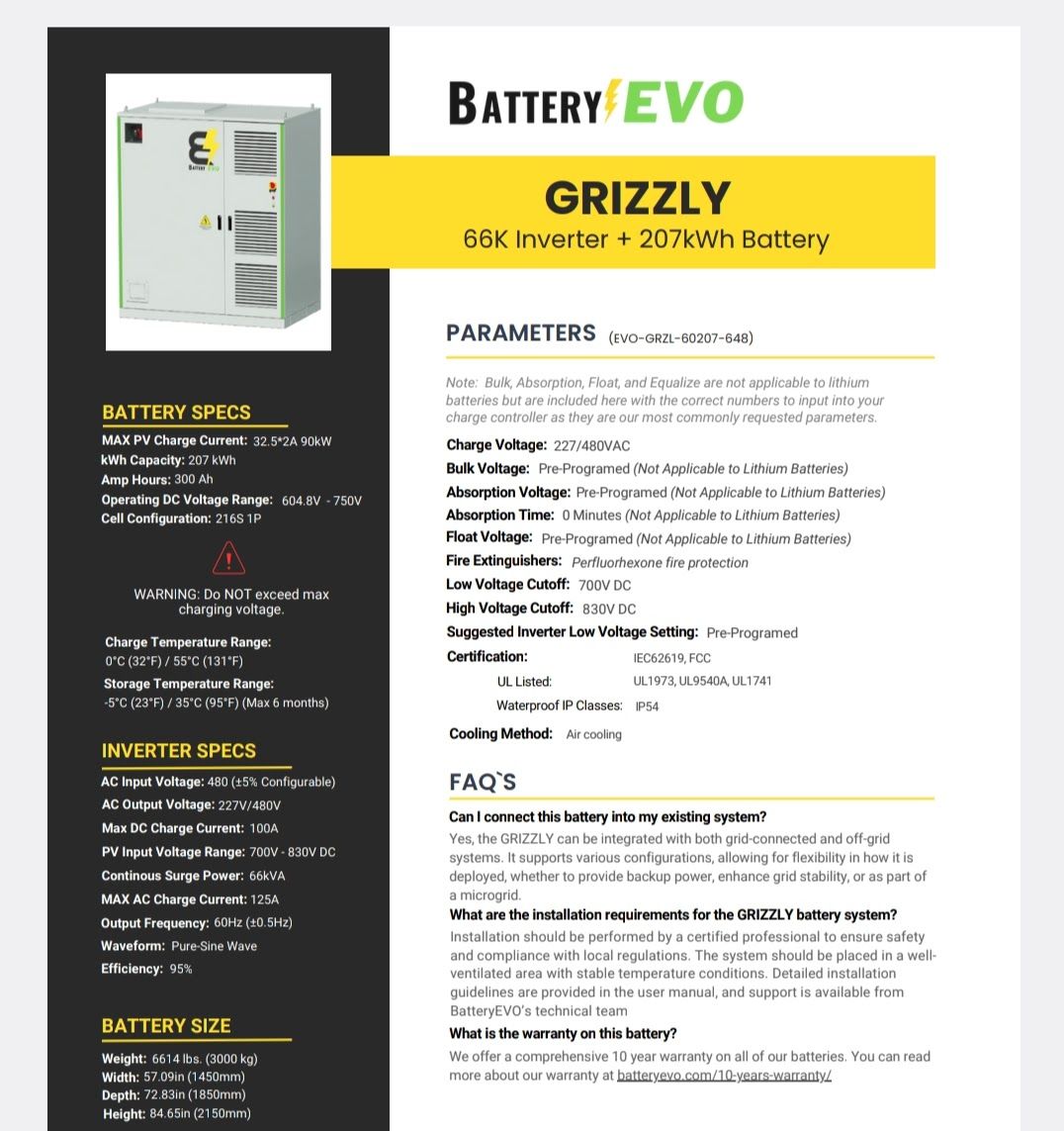 Grizzly GCK inverter and 20 kWh battery specifications: product shot and detailed parameters list.