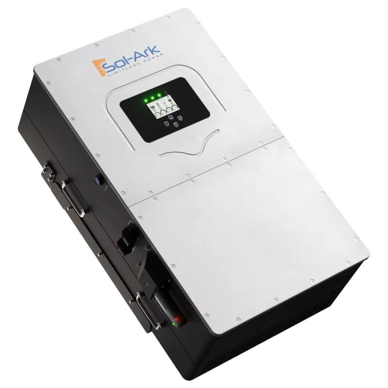Sol-Ark solar power inverter with a display and black side panels.