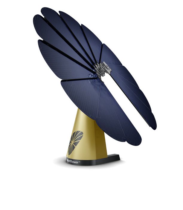 Solar flower with dark blue panels and a gold base, tilted toward the sun.