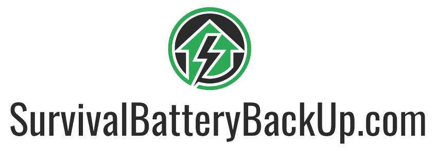 Logo for SurvivalBatteryBackUp.com: green and black emblem with a lightning bolt inside a house shape.