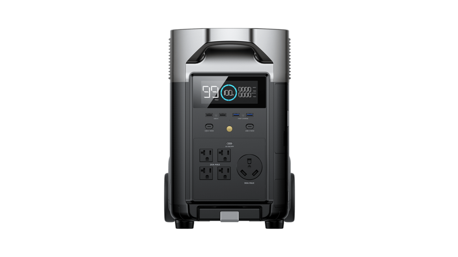 Black and silver portable power station with display, outlets, and carrying handle.