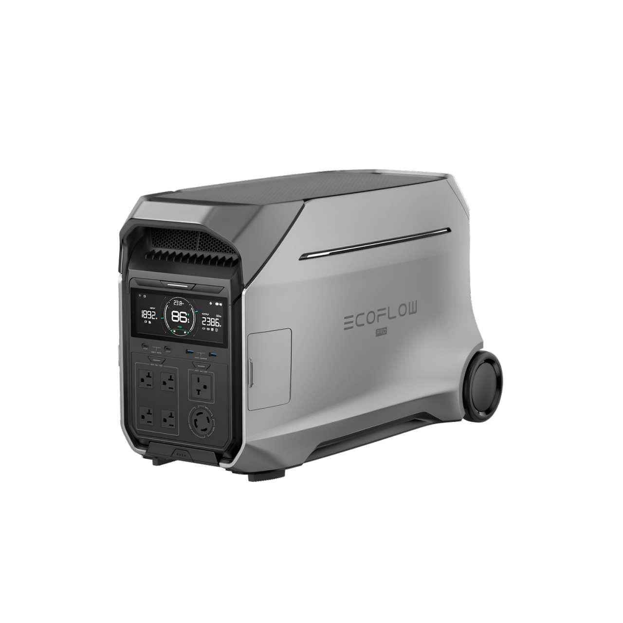 Gray and black EcoFlow power station with a display and outlets, sitting on a surface.