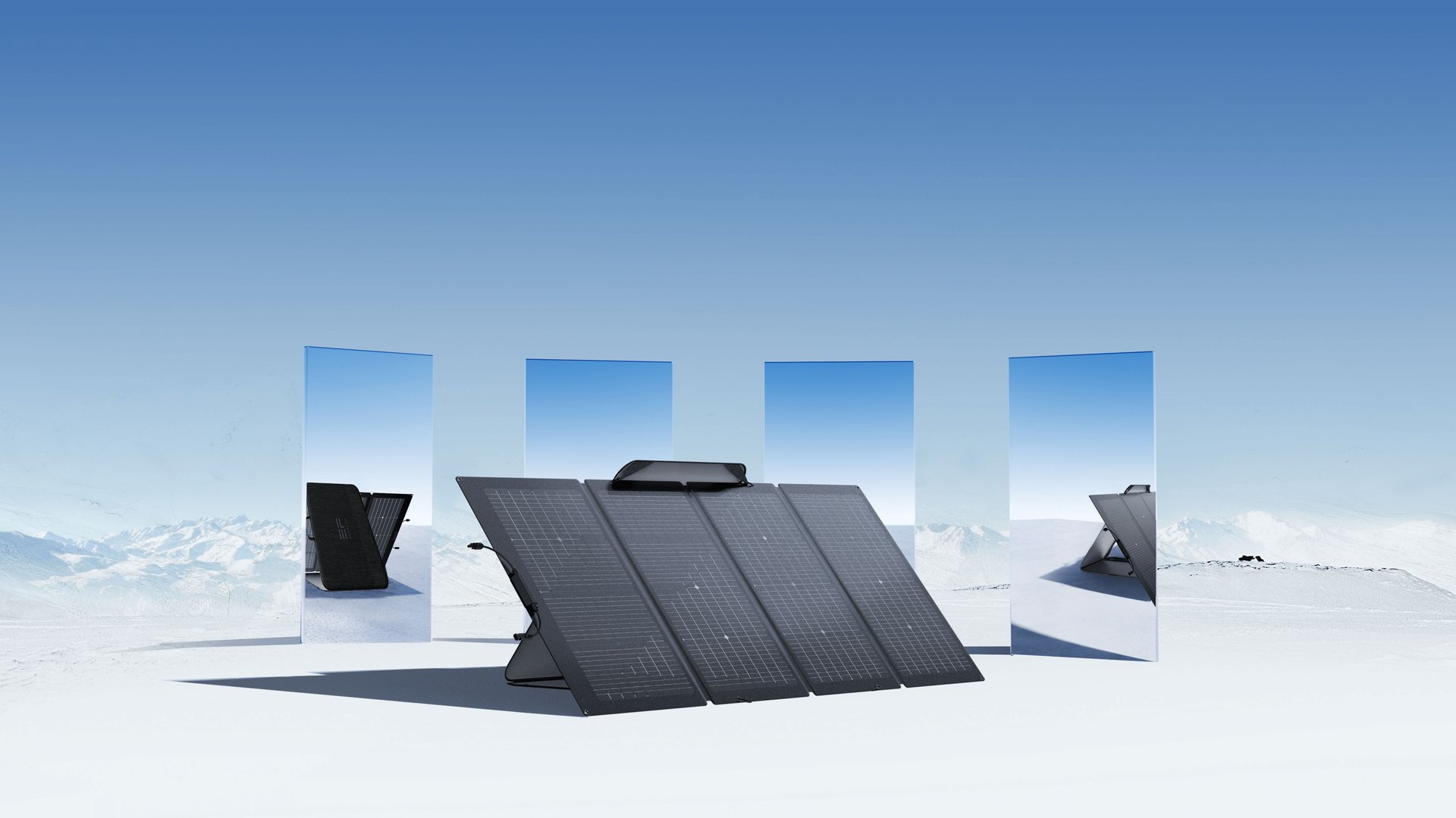 Foldable solar panel in dark gray, angled for sunlight.