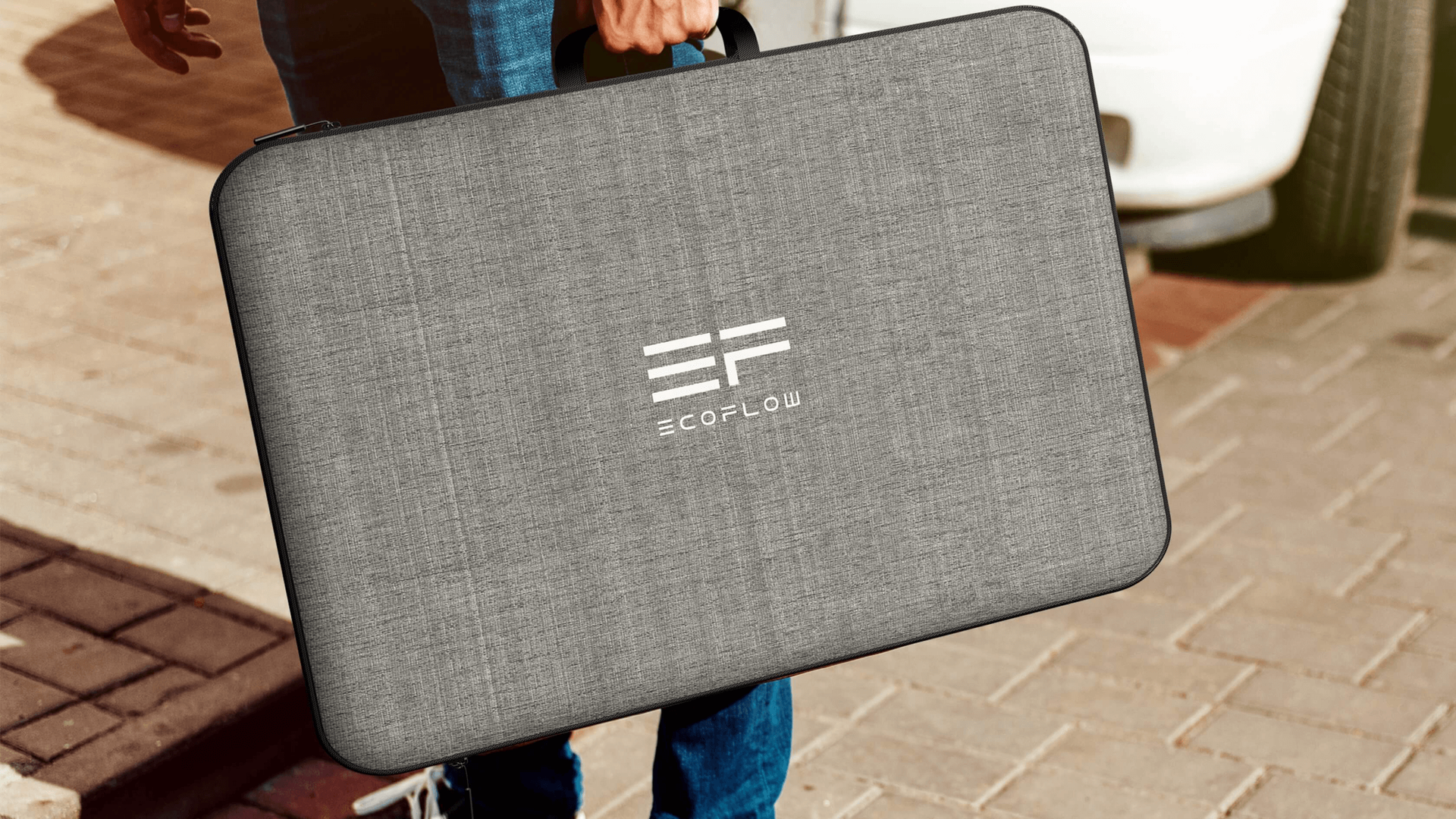 Person holding a gray carrying case with the EcoFlow logo, outside.