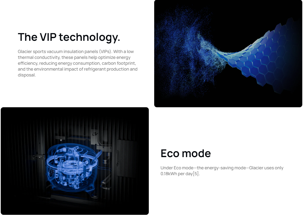 A presentation showcasing VIP technology and Eco mode with a blue abstract graphic and machine parts.