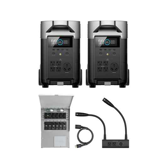 Two black power stations, transfer switch, and connectors.