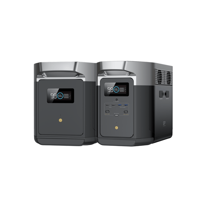 Two dark gray EcoFlow portable power stations side-by-side, showing display screens and outlets.