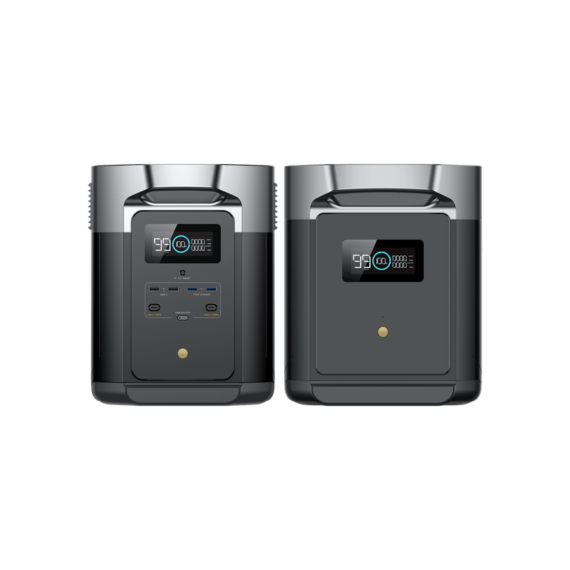 Two dark gray EcoFlow portable power stations side-by-side, showing display screens and outlets.