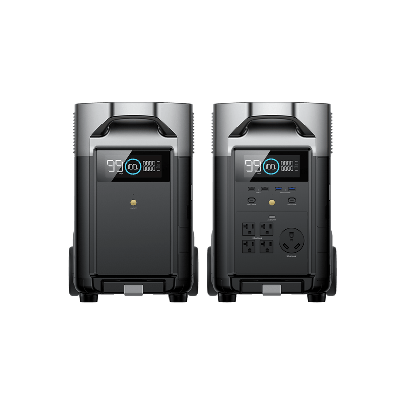 Two dark gray EcoFlow power stations, one with outlets, wheels, and display showing 98%.