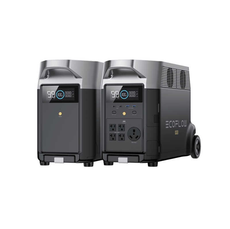 Two dark gray EcoFlow power stations, one with outlets, wheels, and display showing 98%.