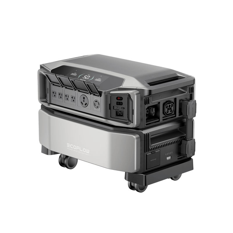 Portable power station on wheels, silver and black. Features multiple outlets and a digital display.
