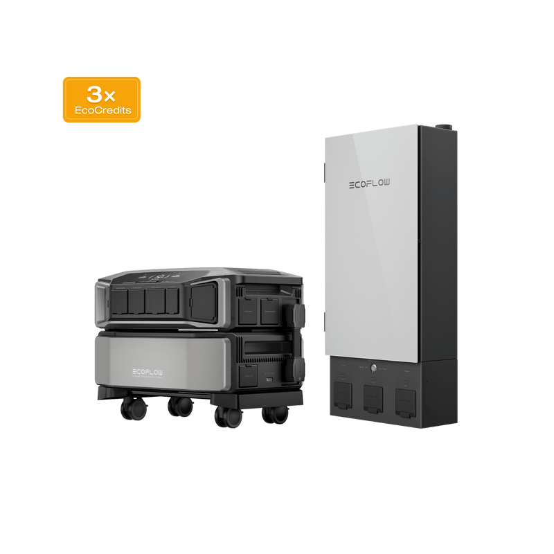 Gray and black portable power station with wheels, three EcoFlow logos on top.