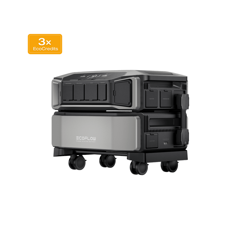 Gray and black portable power station with wheels, three EcoFlow logos on top.