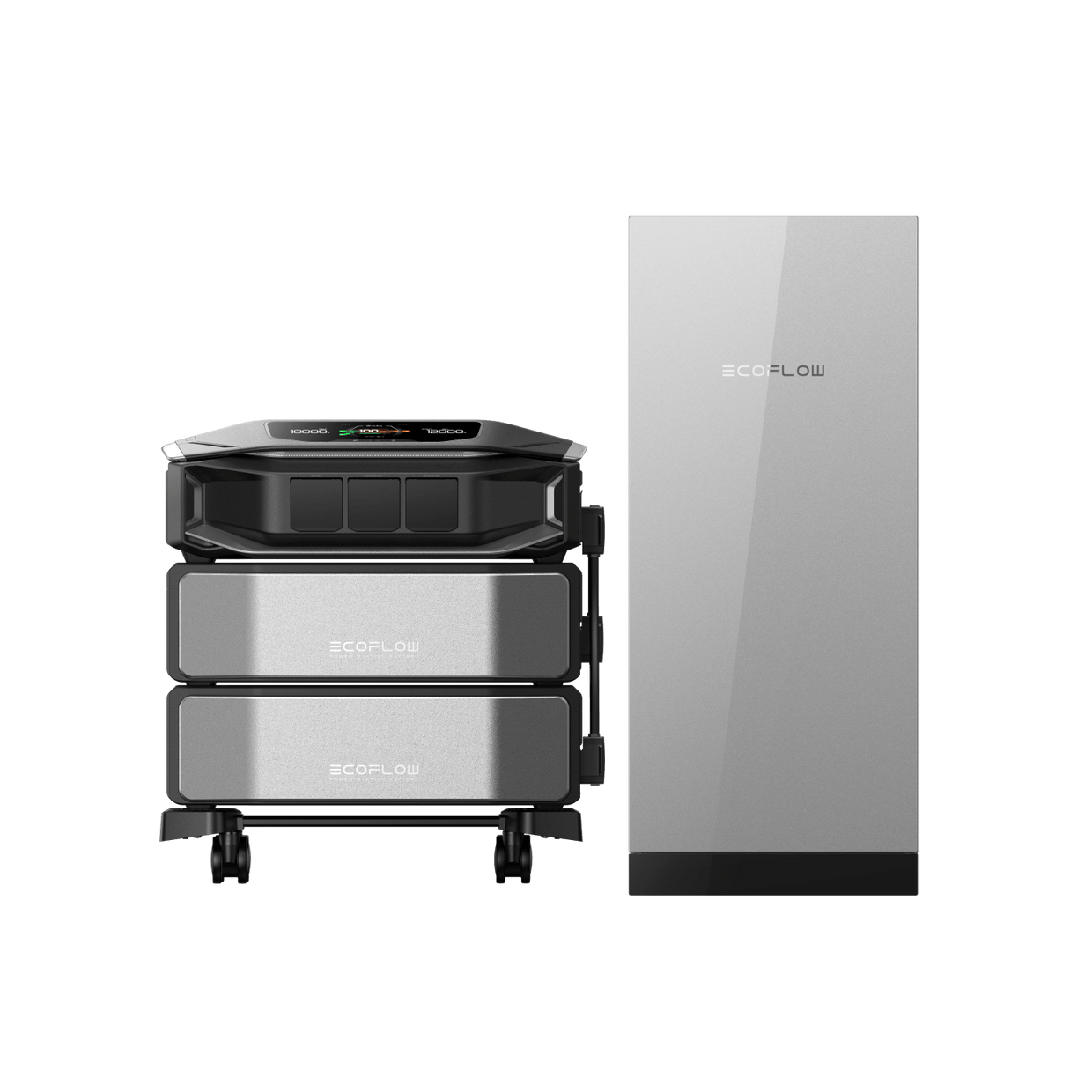 EcoFlow Delta Pro system with battery modules, on wheels, and a separate power station in a white setting.